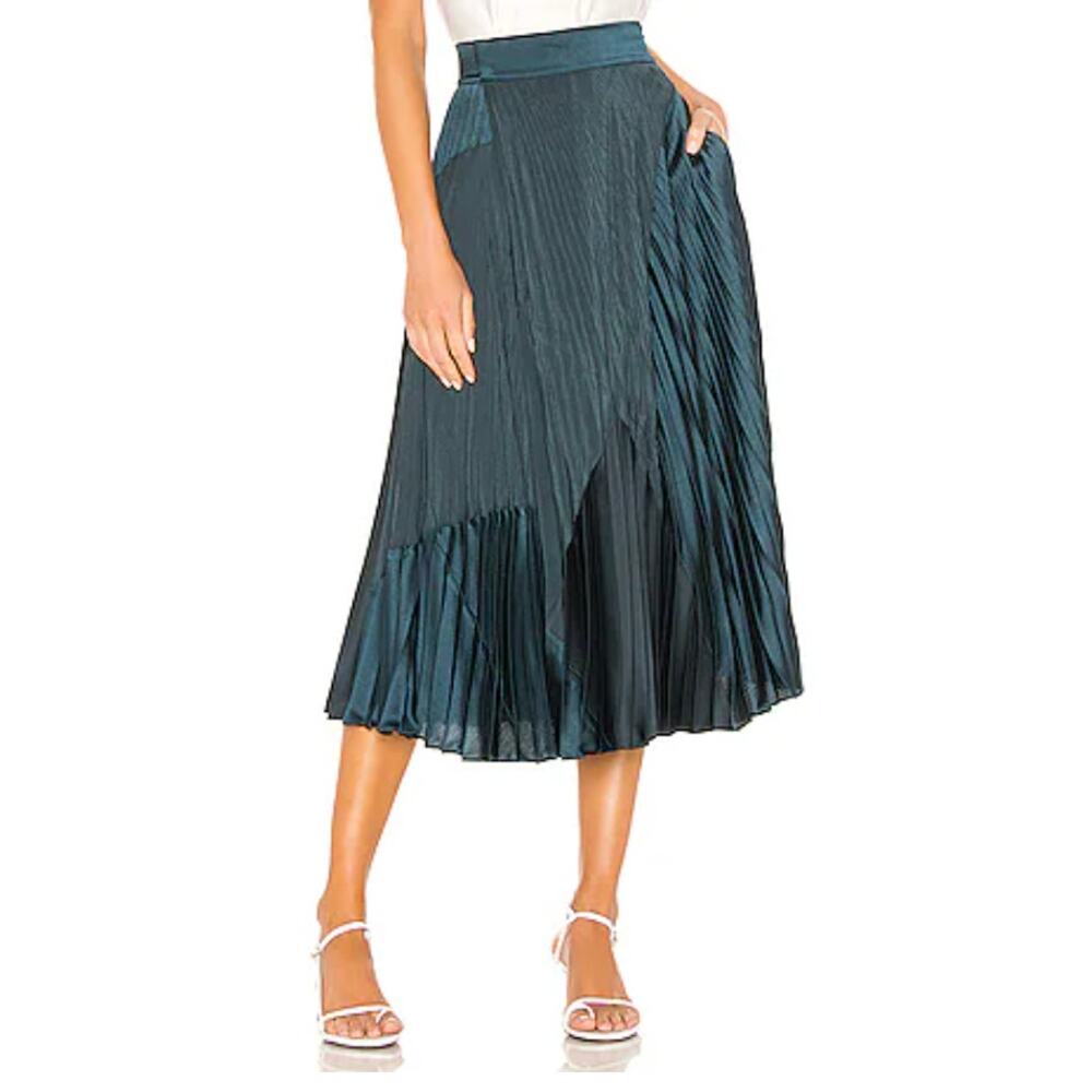 Vince x Revolve Mixed Media Micro Pleats Teal Zip Midi Skirt Sz 4 MSRP $345